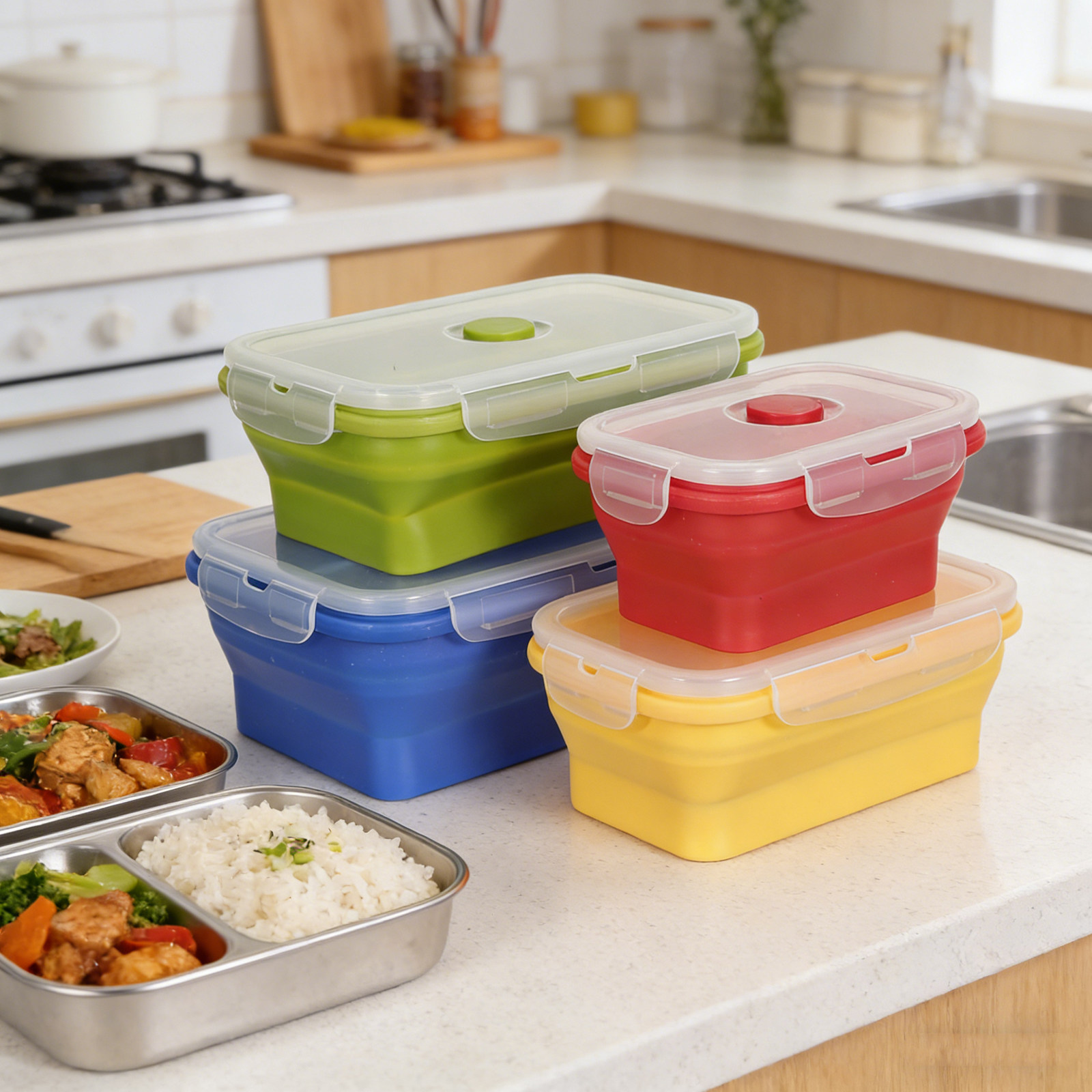 4 шт. складных силиконовых кон – обзор и цена Food Storage Stackable Containers